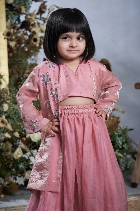 Shop_Vivedkids_Pink Silk, Tissue Sequins, Embroidery Embellished Jacket Lehenga Set _Online_at_Aza_Fashions