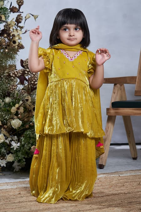 Vivedkids Yellow Crepe Tissue Embellished Pearl Sequin Peplum Kurta Sharara Set 