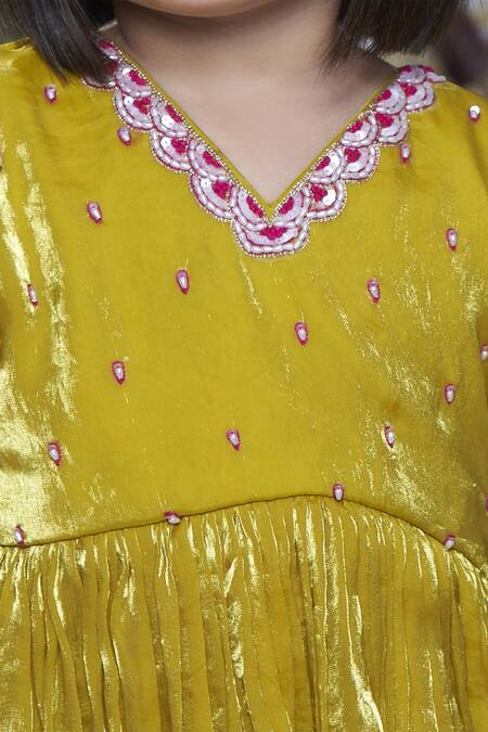 Vivedkids_Yellow Crepe, Tissue Pearls, Sequins Embellished Peplum Kurta Sharara Set _Online_at_Aza_Fashions