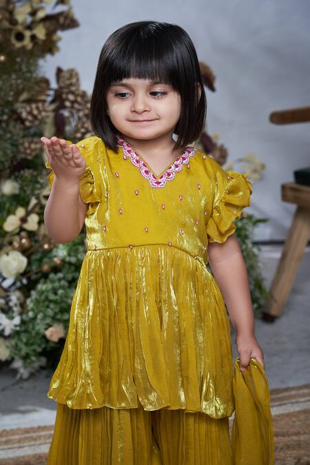 Buy_Vivedkids_Yellow Crepe, Tissue Pearls, Sequins Embellished Peplum Kurta Sharara Set _Online_at_Aza_Fashions