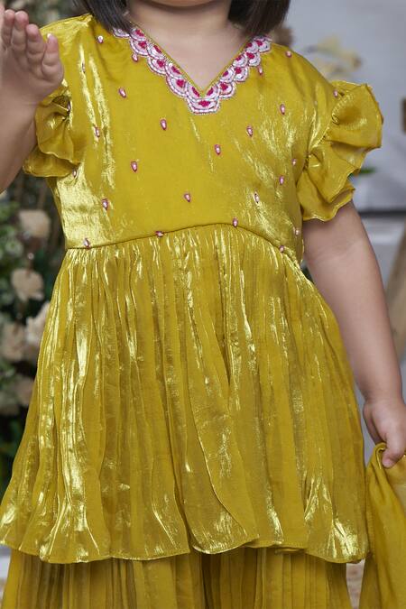 Shop_Vivedkids_Yellow Crepe, Tissue Pearls, Sequins Embellished Peplum Kurta Sharara Set _Online_at_Aza_Fashions