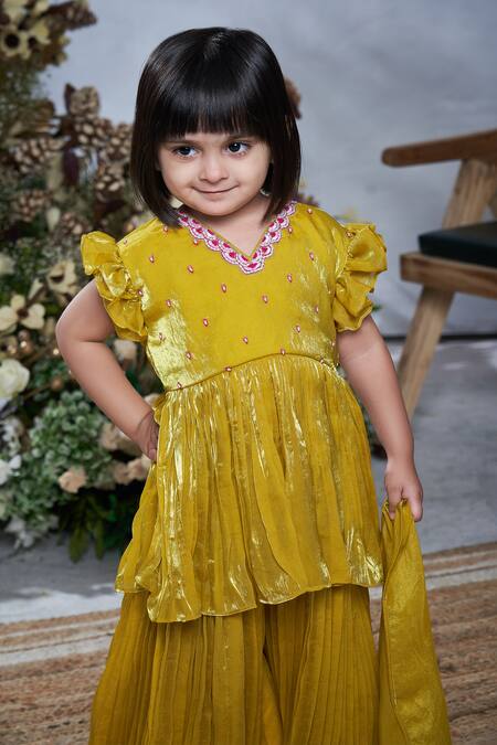 Vivedkids_Yellow Crepe, Tissue Pearls, Sequins Embellished Peplum Kurta Sharara Set _at_Aza_Fashions