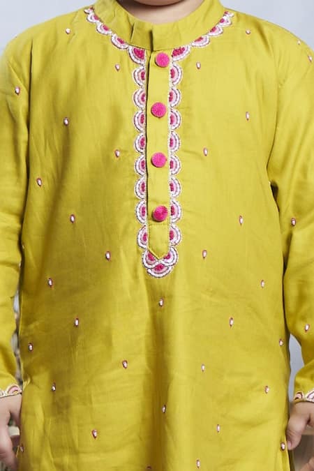 Vivedkids_Yellow Cotton Pearls, Sequins Embellished Kurta With Pant _Online_at_Aza_Fashions