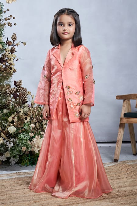 Vivedkids Peach Tissue Embroidery, Sequins, Floral Garden Embellished Jacket With Sharara Online at Aza Fashions Vivedkids_Peach Tissue Embroidery, Sequins, Floral Garden Embellished Jacket With Sharara _Online_at_Aza_Fashions