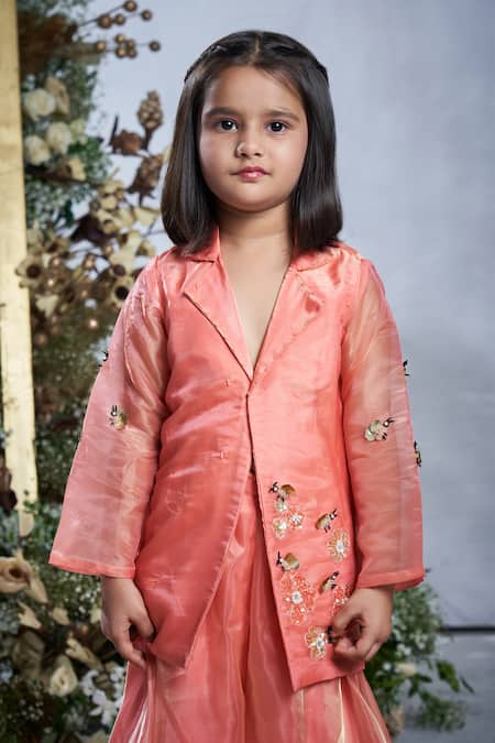 Buy Vivedkids Peach Tissue Embroidery, Sequins, Floral Garden Embellished Jacket With Sharara Online at Aza Fashions Buy_Vivedkids_Peach Tissue Embroidery, Sequins, Floral Garden Embellished Jacket With Sharara _Online_at_Aza_Fashions