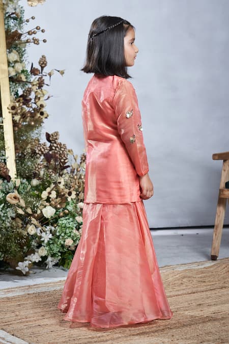 Vivedkids Peach Tissue Embroidery, Sequins, Floral Garden Embellished Jacket With Sharara at Aza Fashions Vivedkids_Peach Tissue Embroidery, Sequins, Floral Garden Embellished Jacket With Sharara _at_Aza_Fashions