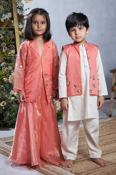 Buy Vivedkids Peach Tissue Embroidery, Sequins, Floral Garden Embellished Jacket With Sharara Buy_Vivedkids_Peach Tissue Embroidery, Sequins, Floral Garden Embellished Jacket With Sharara
