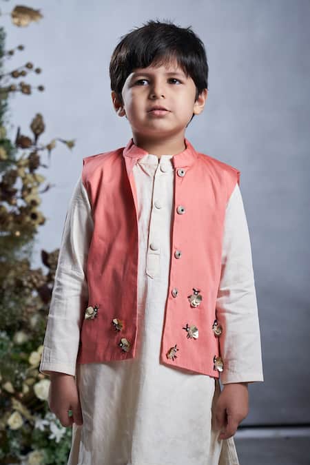 Shop_Vivedkids_Peach Cotton Satin Beads, Sequins Bee Embellished Kurta Set _at_Aza_Fashions
