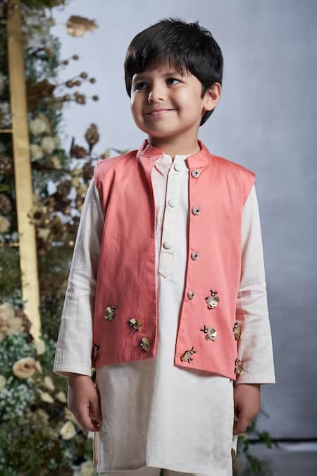 Vivedkids_Peach Cotton Satin Beads, Sequins Bee Embellished Kurta Set _Online_at_Aza_Fashions
