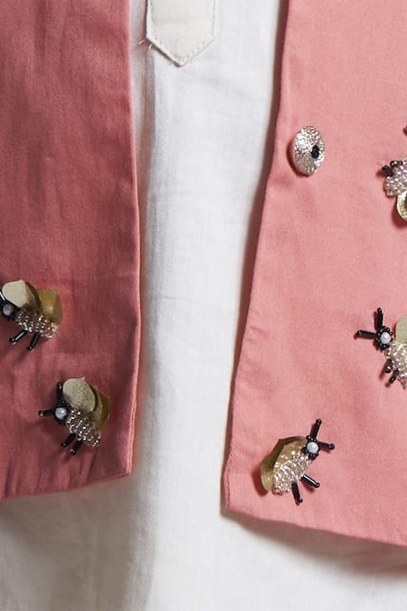 Buy_Vivedkids_Peach Cotton Satin Beads, Sequins Bee Embellished Kurta Set _Online_at_Aza_Fashions