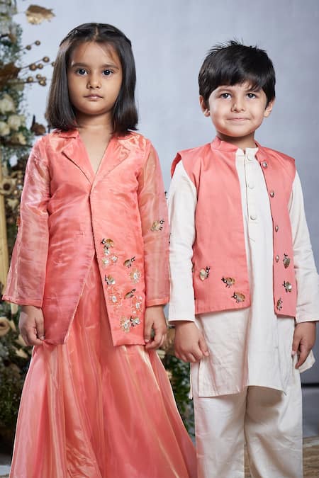 Vivedkids_Peach Cotton Satin Beads, Sequins Bee Embellished Kurta Set _at_Aza_Fashions