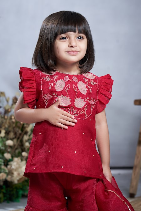 Shop_Vivedkids_Pink Crepe Embroidery, Sequins Lotus Kurta Sharara Set _Online_at_Aza_Fashions