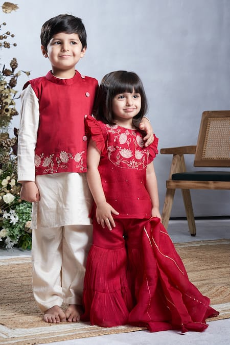 Vivedkids_Pink Crepe Embroidery, Sequins Lotus Kurta Sharara Set _at_Aza_Fashions