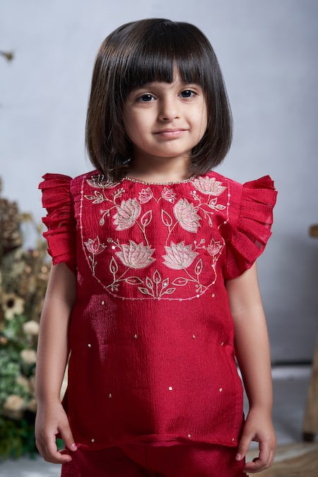 Buy_Vivedkids_Pink Crepe Embroidery, Sequins Lotus Kurta Sharara Set 