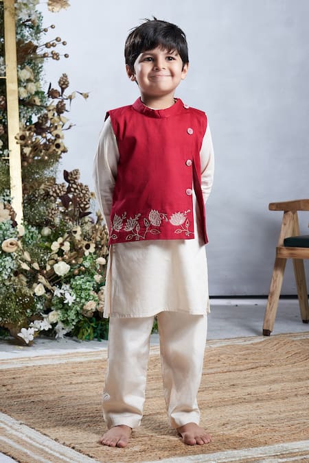 Vivedkids_Pink Cotton Sequins, Embroidery Lotus Bundi Kurta Set _Online_at_Aza_Fashions