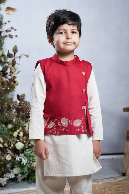 Buy_Vivedkids_Pink Cotton Sequins, Embroidery Lotus Bundi Kurta Set _Online_at_Aza_Fashions