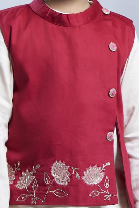 Shop_Vivedkids_Pink Cotton Sequins, Embroidery Lotus Bundi Kurta Set _Online_at_Aza_Fashions