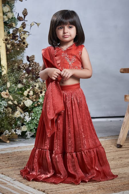 Vivedkids Brown Crepe Tissue Embroidered Deer Frilled Hem Lehenga Saree With Blouse 