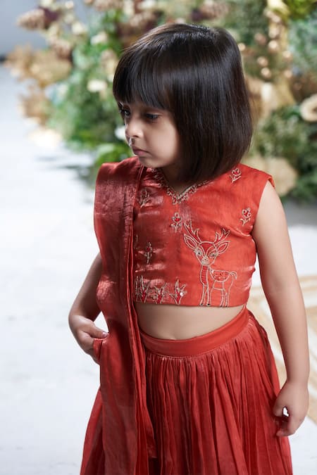 Buy Vivedkids Brown Crepe Sequins Frilled Hem Lehenga Saree With Embroidered Blouse Online at Aza Fashions Buy_Vivedkids_Brown Crepe Sequins Frilled Hem Lehenga Saree With Embroidered Blouse _Online_at_Aza_Fashions