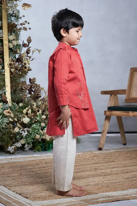 Vivedkids_Brown Cotton Sequins, Embroidery Deer Bundi Kurta Set _Online_at_Aza_Fashions