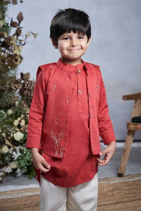 Buy_Vivedkids_Brown Cotton Sequins, Embroidery Deer Bundi Kurta Set _Online_at_Aza_Fashions
