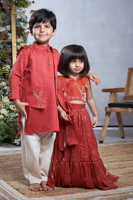 Vivedkids_Brown Cotton Sequins, Embroidery Deer Bundi Kurta Set _at_Aza_Fashions