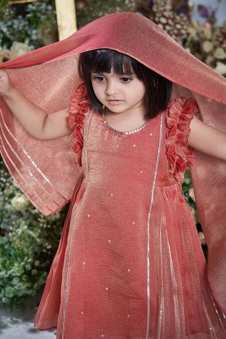 Vivedkids_Brown Crepe Lace, Sequins Embellished Gathered Kurta Pant Set _Online_at_Aza_Fashions