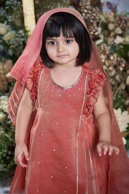 Buy_Vivedkids_Brown Crepe Lace, Sequins Embellished Gathered Kurta Pant Set _Online_at_Aza_Fashions