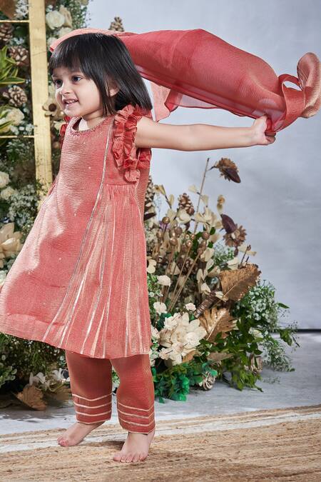 Shop_Vivedkids_Brown Crepe Lace, Sequins Embellished Gathered Kurta Pant Set _Online_at_Aza_Fashions