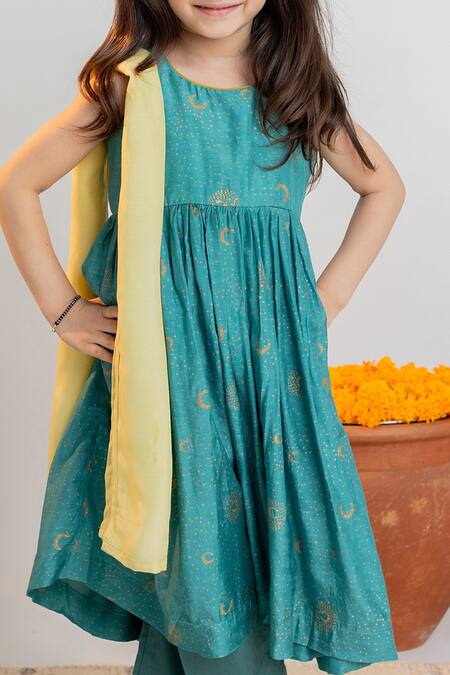 MR Brat_Blue Muslin, Cotton Embroidery Moon Print Anarkali And Pant Set _Online_at_Aza_Fashions