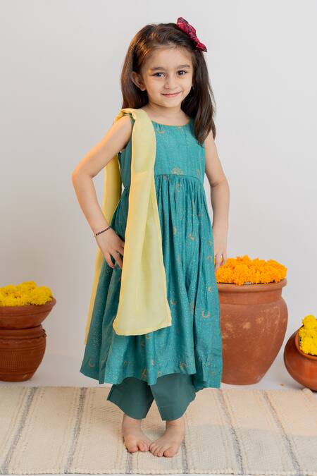 Shop_MR Brat_Blue Muslin, Cotton Embroidery Moon Print Anarkali And Pant Set _Online_at_Aza_Fashions