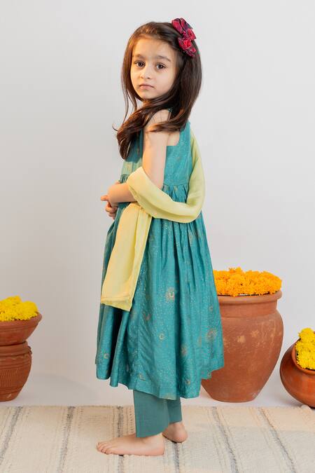 MR Brat_Blue Muslin, Cotton Embroidery Moon Print Anarkali And Pant Set _at_Aza_Fashions