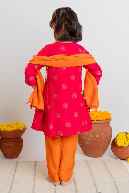 Shop MR Brat Pink Muslin, Cotton Tassels Moon Print Angarkha And Pant Set at Aza Fashions Shop_MR Brat_Pink Muslin, Cotton Tassels Moon Print Angarkha And Pant Set _at_Aza_Fashions