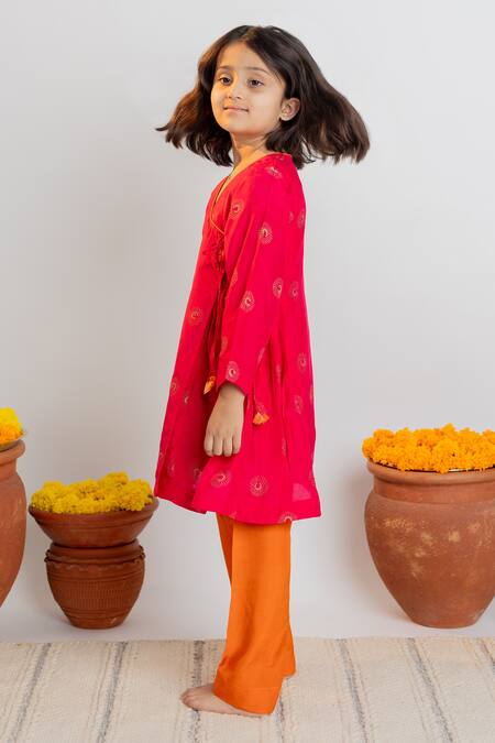 Buy MR Brat Pink Muslin, Cotton Tassels Moon Print Angarkha And Pant Set Online at Aza Fashions Buy_MR Brat_Pink Muslin, Cotton Tassels Moon Print Angarkha And Pant Set _Online_at_Aza_Fashions