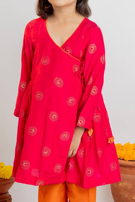 Shop MR Brat Pink Muslin, Cotton Tassels Moon Print Angarkha And Pant Set Online at Aza Fashions Shop_MR Brat_Pink Muslin, Cotton Tassels Moon Print Angarkha And Pant Set _Online_at_Aza_Fashions