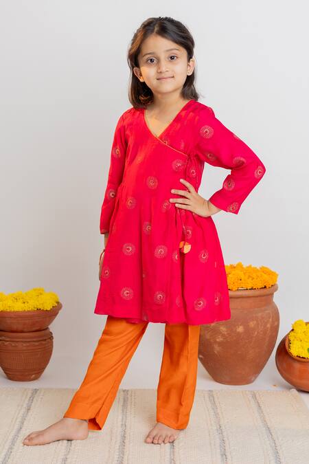 Buy MR Brat Pink Muslin, Cotton Tassels Moon Print Angarkha And Pant Set Buy_MR Brat_Pink Muslin, Cotton Tassels Moon Print Angarkha And Pant Set