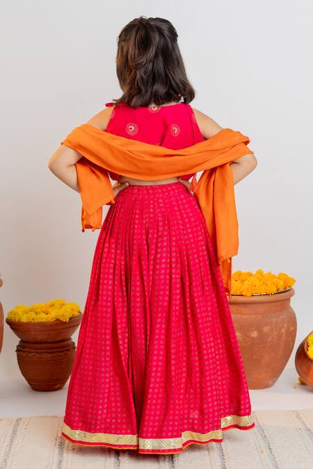 Shop MR Brat Pink Muslin Tassels Moon And Dot Print Blouse & Lehenga Set at Aza Fashions Shop_MR Brat_Pink Muslin Tassels Moon And Dot Print Blouse & Lehenga Set _at_Aza_Fashions