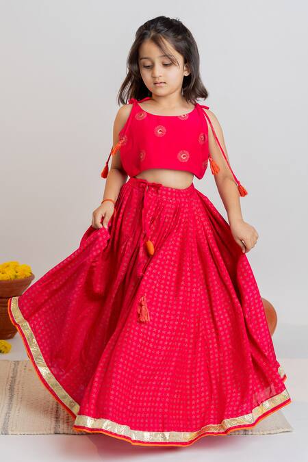 Shop MR Brat Pink Muslin Tassels Moon And Dot Print Blouse & Lehenga Set Online at Aza Fashions Shop_MR Brat_Pink Muslin Tassels Moon And Dot Print Blouse & Lehenga Set _Online_at_Aza_Fashions