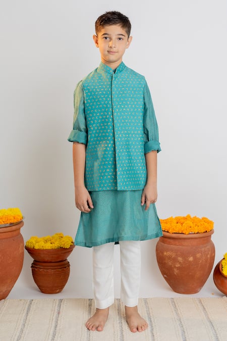 Mr Brat Blue Nehru Jacket And Kurta Muslin Print Moon & Dot & Set 