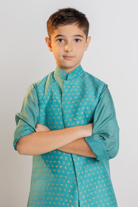 MR Brat Teal Muslin, Cotton Moon Print Nehru Jacket And Kurta Set Online at Aza Fashions MR Brat_Teal Muslin, Cotton Moon Print Nehru Jacket And Kurta Set _Online_at_Aza_Fashions