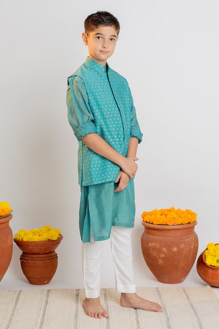Shop MR Brat Teal Muslin, Cotton Moon Print Nehru Jacket And Kurta Set Online at Aza Fashions Shop_MR Brat_Teal Muslin, Cotton Moon Print Nehru Jacket And Kurta Set _Online_at_Aza_Fashions