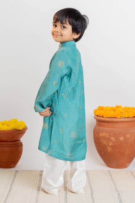 Buy MR Brat Blue Muslin, Cotton Embroidery Moon Print Straight Kurta With Pant Online at Aza Fashions Buy_MR Brat_Blue Muslin, Cotton Embroidery Moon Print Straight Kurta With Pant _Online_at_Aza_Fashions