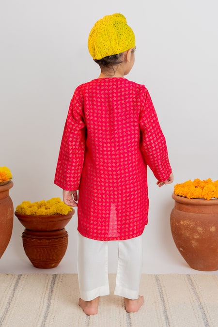 Shop MR Brat Pink Muslin, Cotton Embroidery Star Dot Print Kurta With Pant at Aza Fashions Shop_MR Brat_Pink Muslin, Cotton Embroidery Star Dot Print Kurta With Pant _at_Aza_Fashions