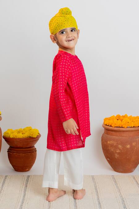 Shop MR Brat Pink Muslin, Cotton Embroidery Star Dot Print Kurta With Pant Online at Aza Fashions Shop_MR Brat_Pink Muslin, Cotton Embroidery Star Dot Print Kurta With Pant _Online_at_Aza_Fashions