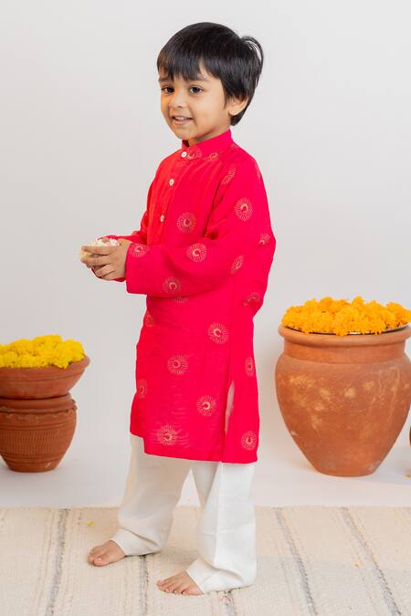 Shop_MR Brat_Pink Muslin, Cotton Embroidery Moon And Dot Print Kurta With Pant _Online_at_Aza_Fashions