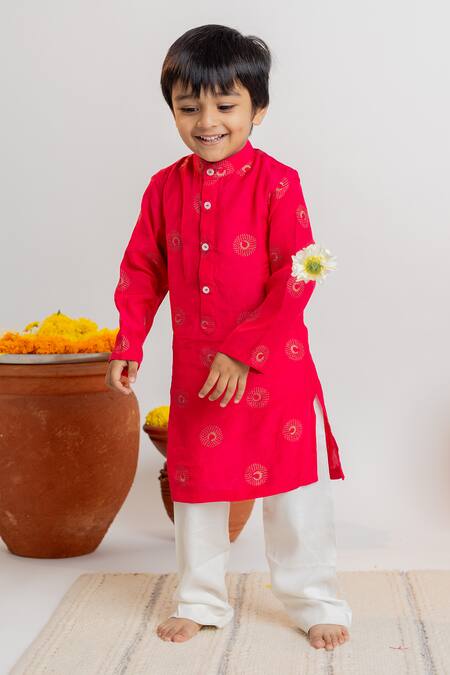 MR Brat_Pink Muslin, Cotton Embroidery Moon And Dot Print Kurta With Pant _at_Aza_Fashions