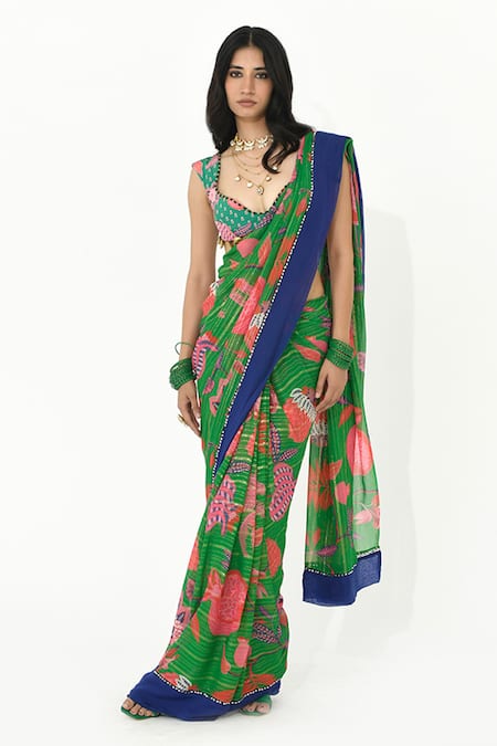 Rishi and Vibhuti Haseena Floral Print Saree With Blouse 