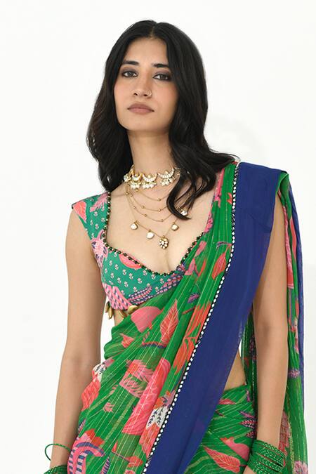 Rishi and Vibhuti_Green Crepe, Georgette Sequins, Tassels Haseena Floral Print Saree With Blouse _Online_at_Aza_Fashions