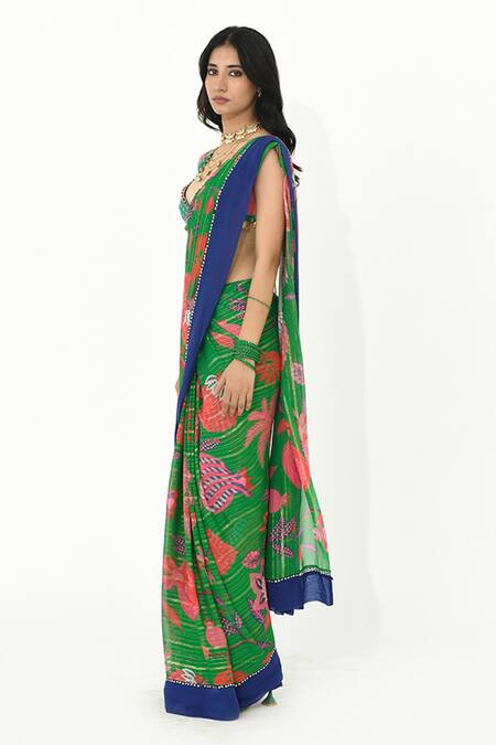 Buy_Rishi and Vibhuti_Green Crepe, Georgette Sequins, Tassels Haseena Floral Print Saree With Blouse _Online_at_Aza_Fashions