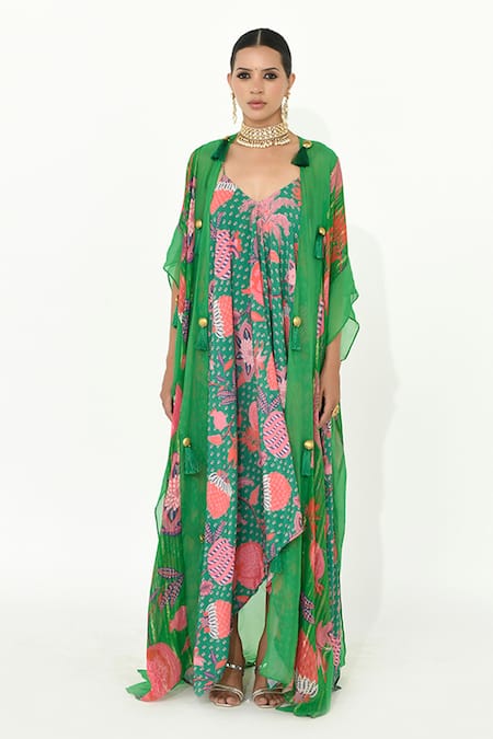 Rishi and Vibhuti Green Crepe Silk Applique Floral Dress V Kabeera Print With Overlay 